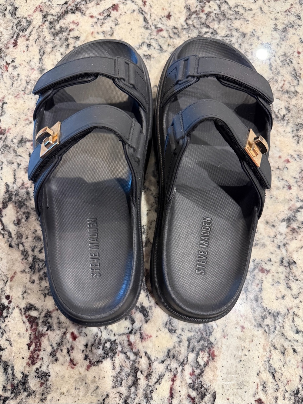 Steve Madden Black Slide Sandals with Gold Buckles